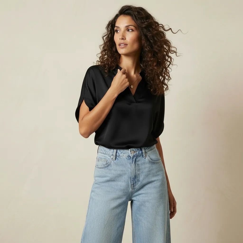Women's Short Sleeve Blouse with V-Neck and Straight Cut in Black – 6