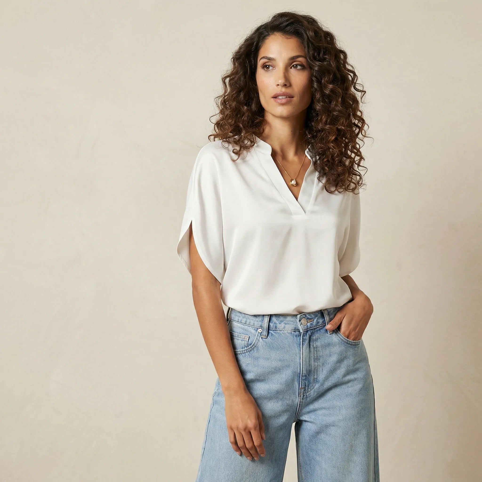 Women's Short Sleeve Blouse with V-Neck and Straight Cut in White – 7