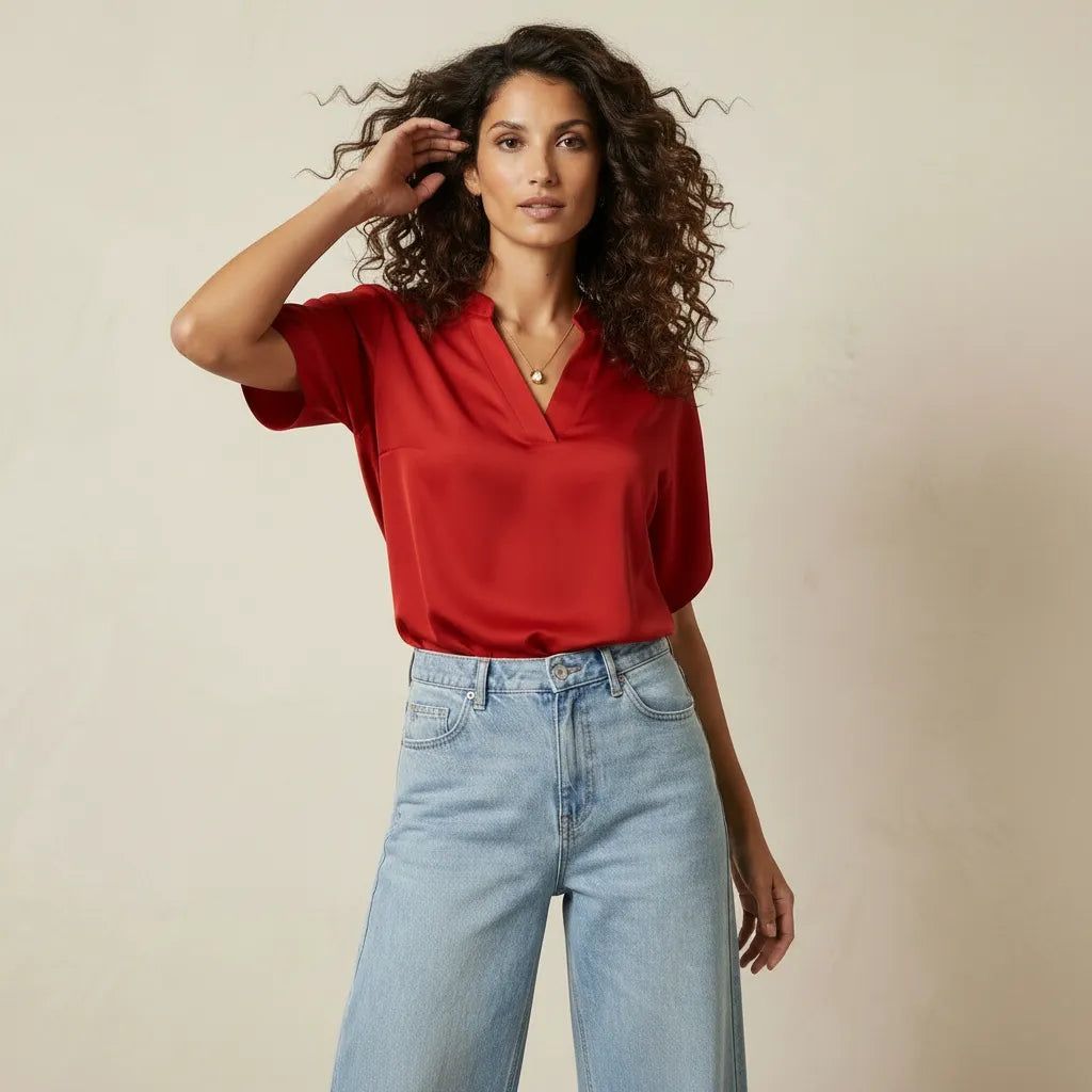 Women's Short Sleeve Blouse with V-Neck and Straight Cut in Red – 9
