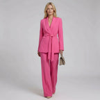 Women's Tailored Longline Blazer and Straight-Leg Trousers Suit with Belt in Pink – 1