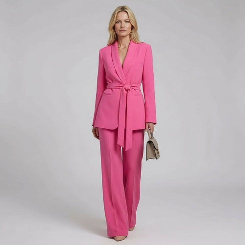 Women's Tailored Longline Blazer and Straight-Leg Trousers Suit with Belt in Pink – 1