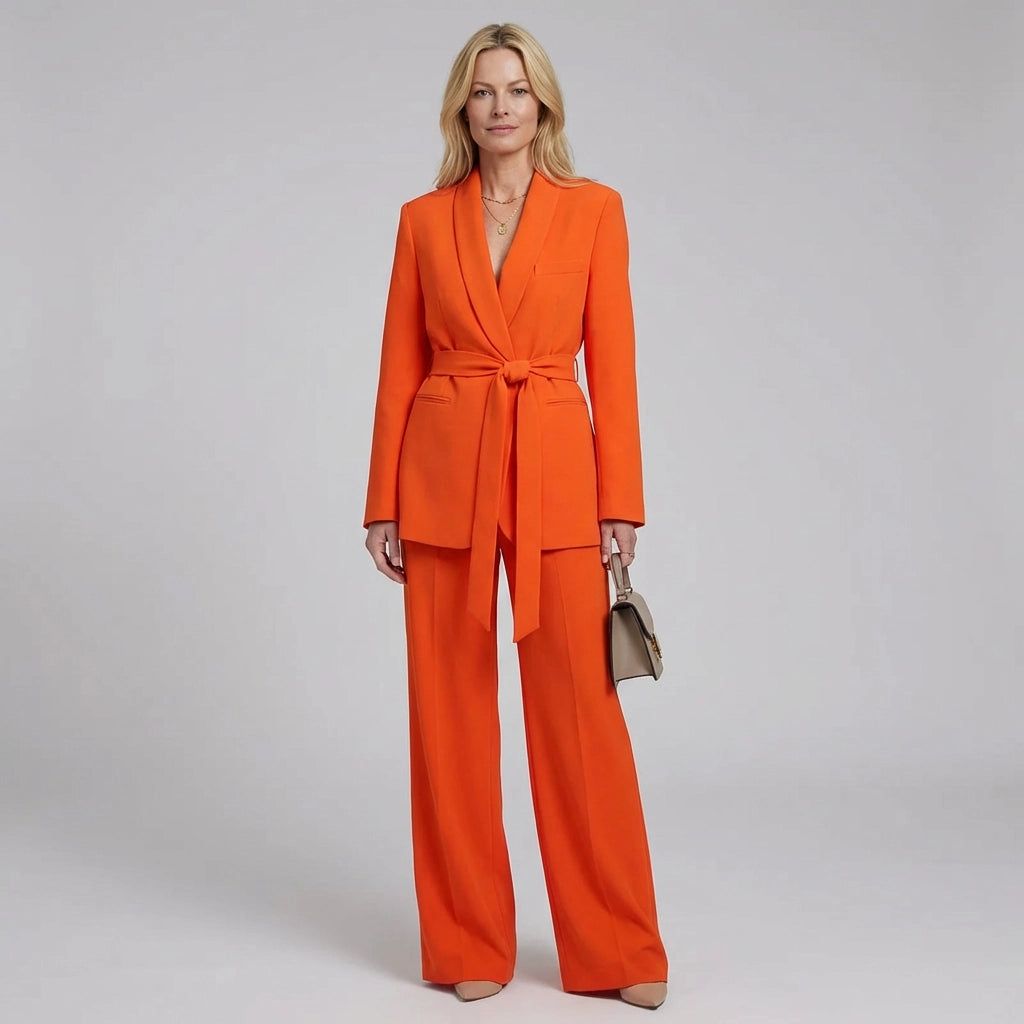 Women's Tailored Longline Blazer and Straight-Leg Trousers Suit with Belt in Orange – 2