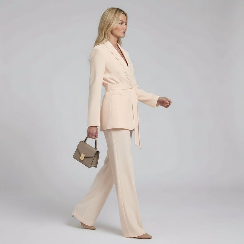 Women's Tailored Longline Blazer and Straight-Leg Trousers Suit with Belt in Beige – 3