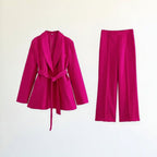 Women's Tailored Longline Blazer and Straight-Leg Trousers Suit with Belt in Pink – 4