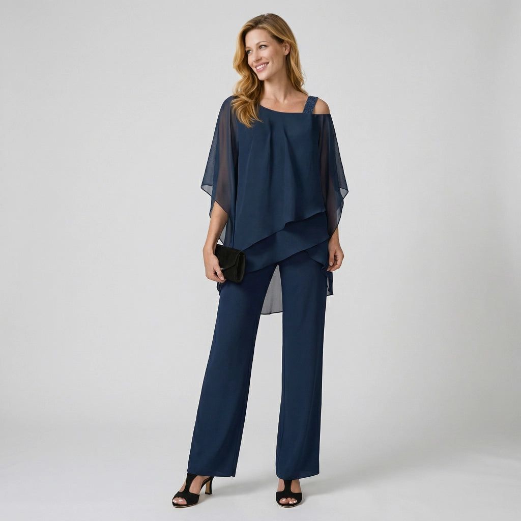 Women's Two-Piece Set with Loose Top and Wide-Leg Trousers in Navy Blue – 4