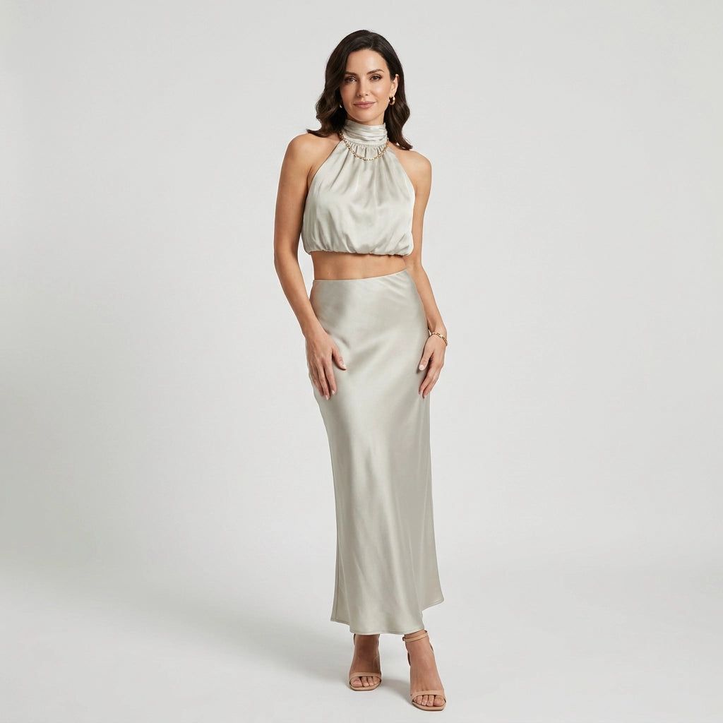 Women's Two-Piece Set with Maxi Skirt and Cropped Top in Taupe – 1