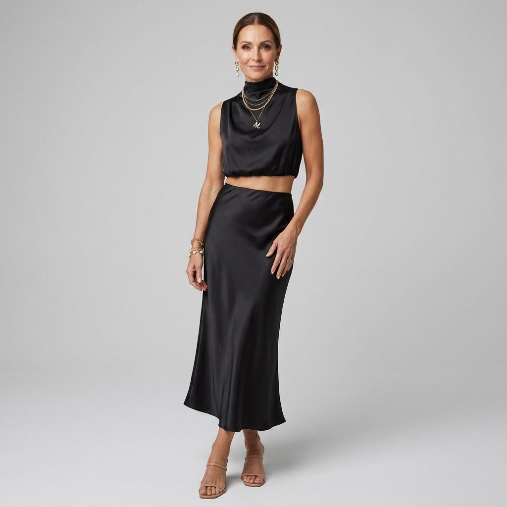 Women's Two-Piece Set with Maxi Skirt and Cropped Top in Black – 5