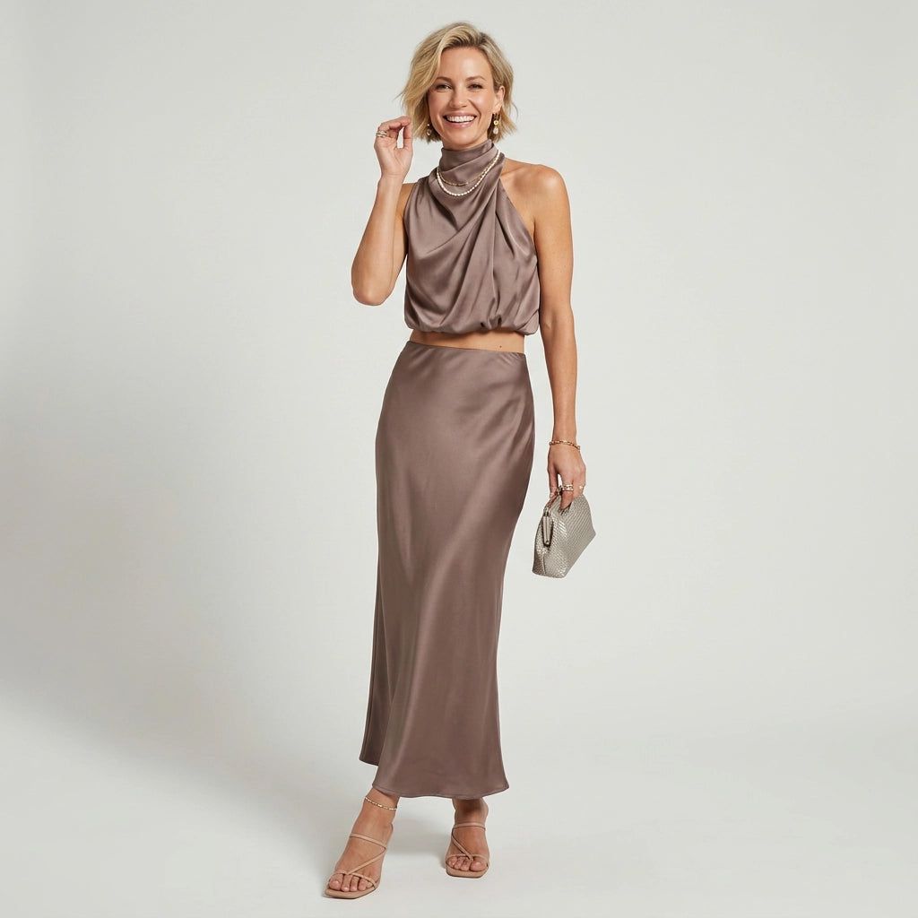 Women's Two-Piece Set with Maxi Skirt and Cropped Top in Taupe – 7
