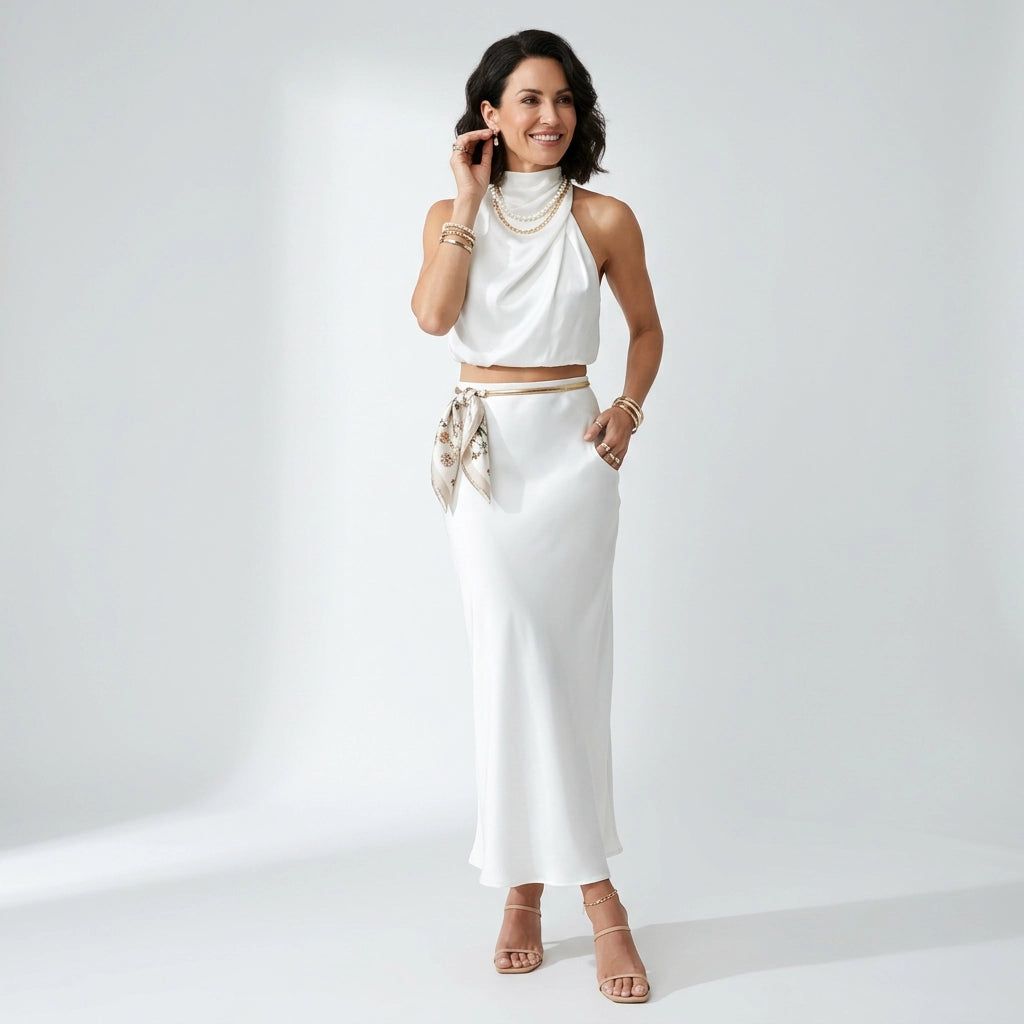 Women's Two-Piece Set with Maxi Skirt and Cropped Top in Cream – 8