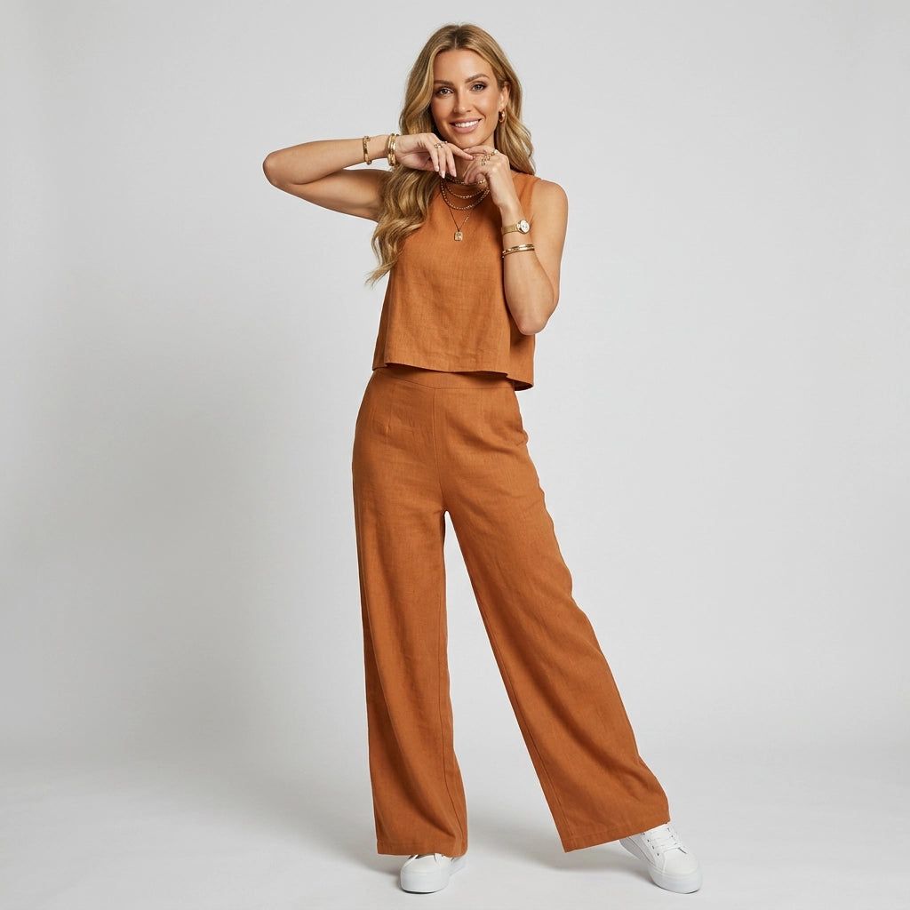 Women's Two-Piece Set with Sleeveless Top in Light Brown – 5