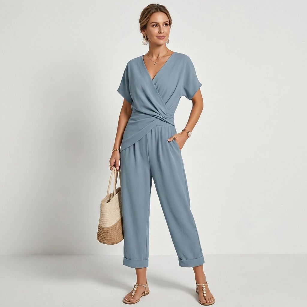 Women's Two-Piece Set with Wide-Leg Trousers and Short-Sleeved Wrap Top in Blue – 1