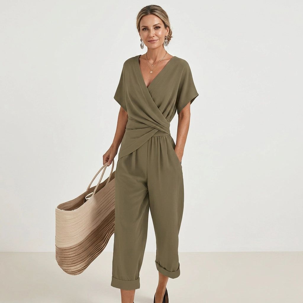 Women's Two-Piece Set with Wide-Leg Trousers and Short-Sleeved Wrap Top in Sage Green – 3
