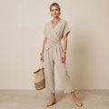Women's Two-Piece Set with Wide-Leg Trousers and Short-Sleeved Wrap Top in Sand beige – 4