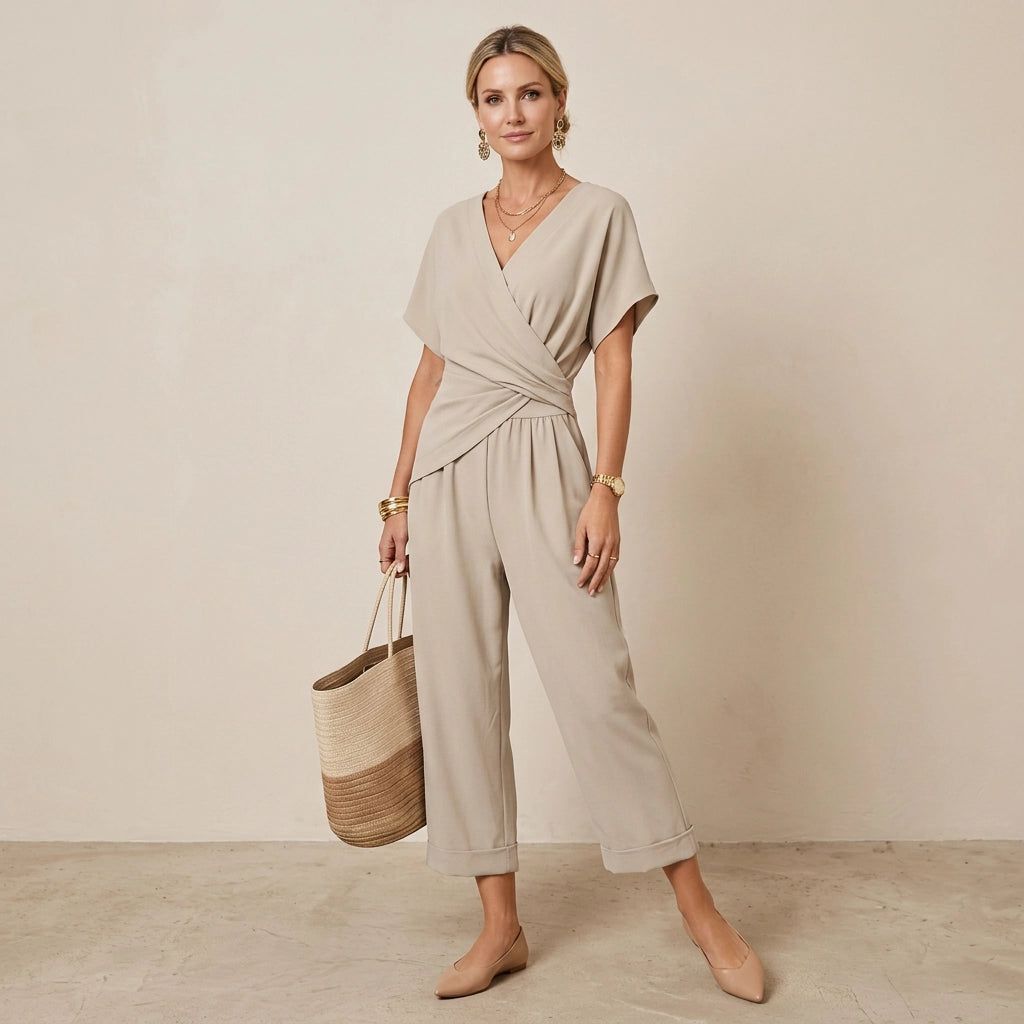 Women's Two-Piece Set with Wide-Leg Trousers and Short-Sleeved Wrap Top in Sand beige – 4