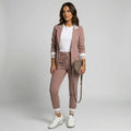 Women's Two-Piece Trouser Suit with Elastic Striped Cuffs on Blazer and Trousers in Pink – 1