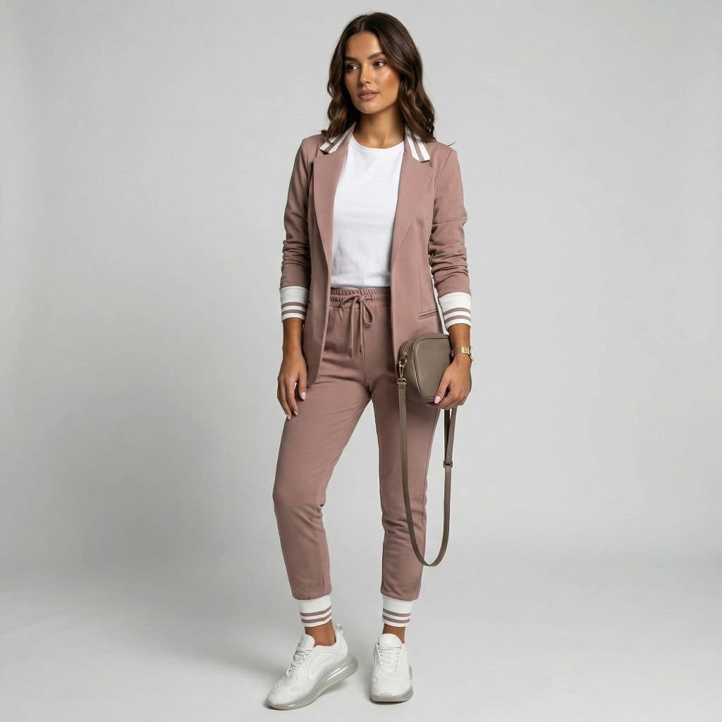 Women's Two-Piece Trouser Suit with Elastic Striped Cuffs on Blazer and Trousers in Pink – 1