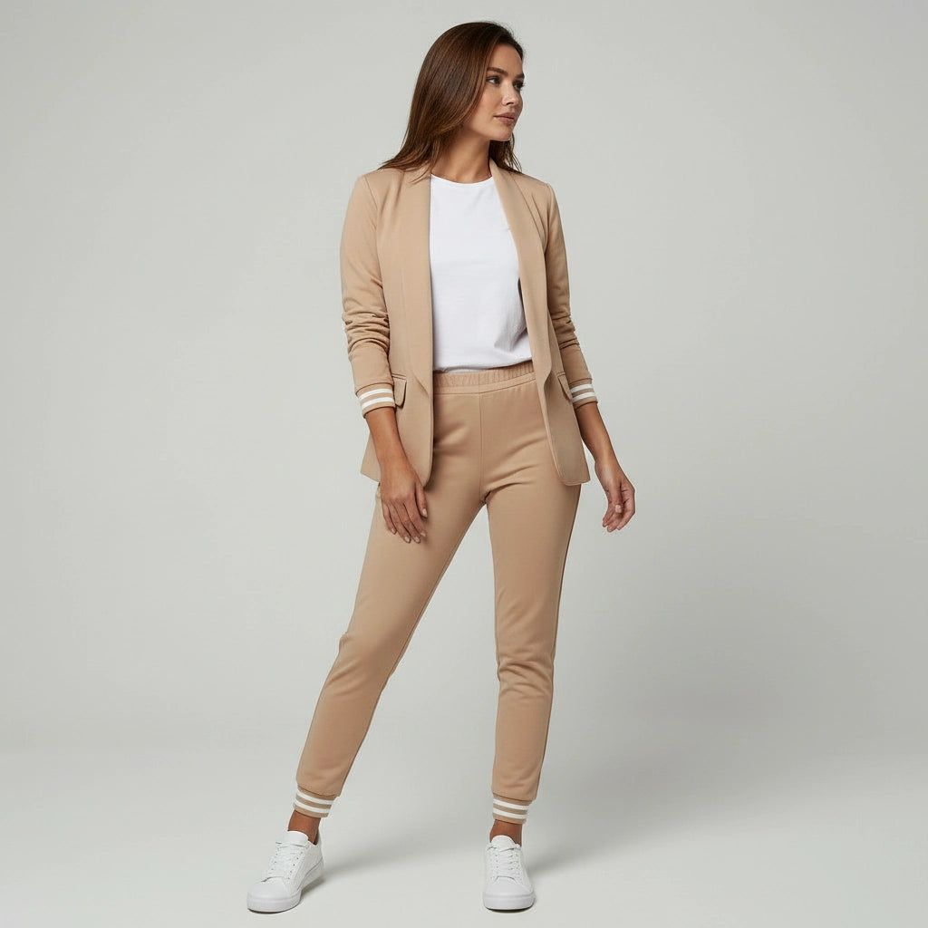Women's Two-Piece Trouser Suit with Elastic Striped Cuffs on Blazer and Trousers in Beige – 2
