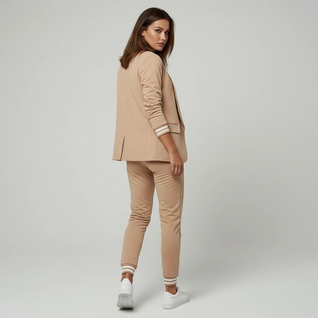 Women's Two-Piece Trouser Suit with Elastic Striped Cuffs on Blazer and Trousers in Beige – 3