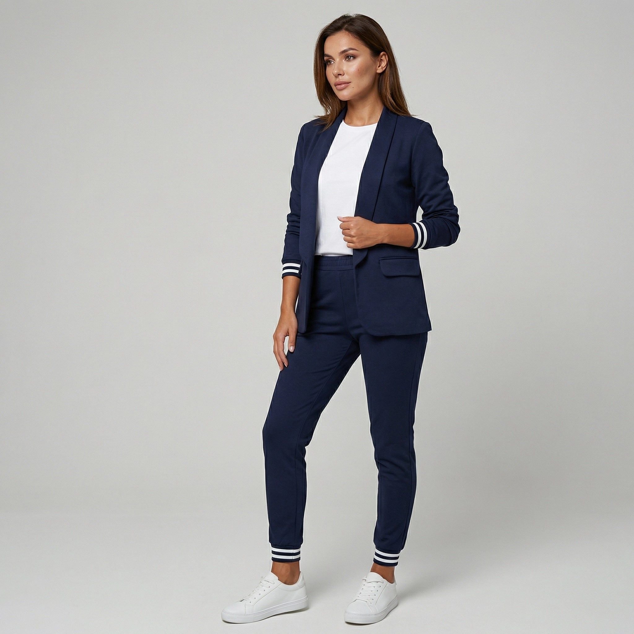 Women's Two-Piece Trouser Suit with Elastic Striped Cuffs on Blazer and Trousers in Dark Blue – 4