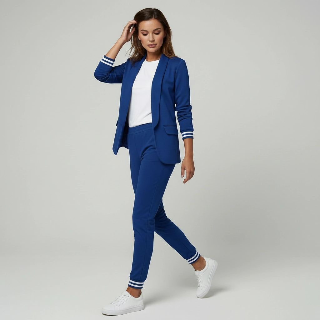 Women's Two-Piece Trouser Suit with Elastic Striped Cuffs on Blazer and Trousers in Blue – 5
