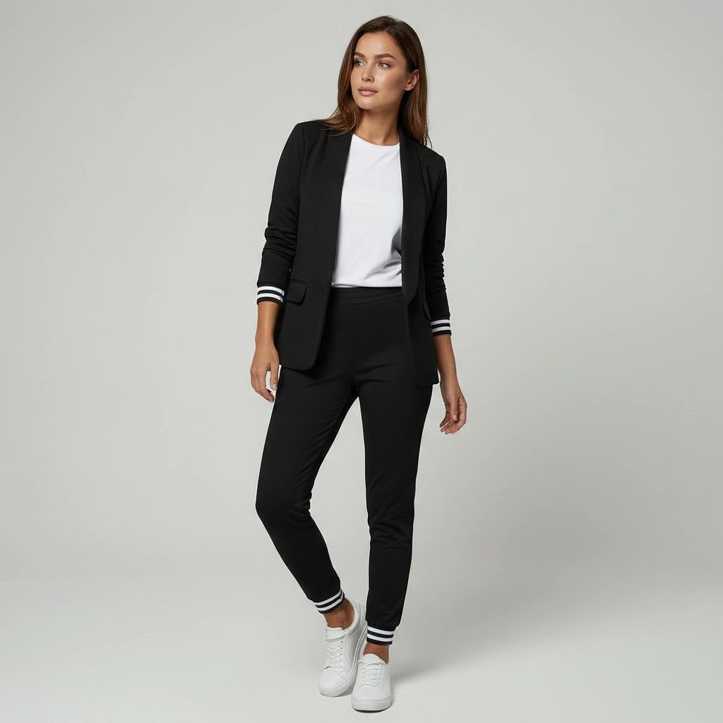 Women's Two-Piece Trouser Suit with Elastic Striped Cuffs on Blazer and Trousers in Black – 6