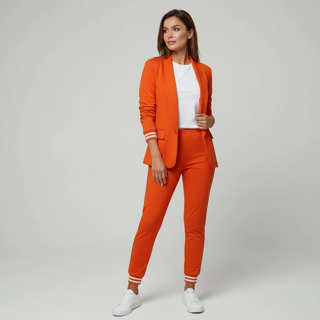 Women's Two-Piece Trouser Suit with Elastic Striped Cuffs on Blazer and Trousers in Orange – 7
