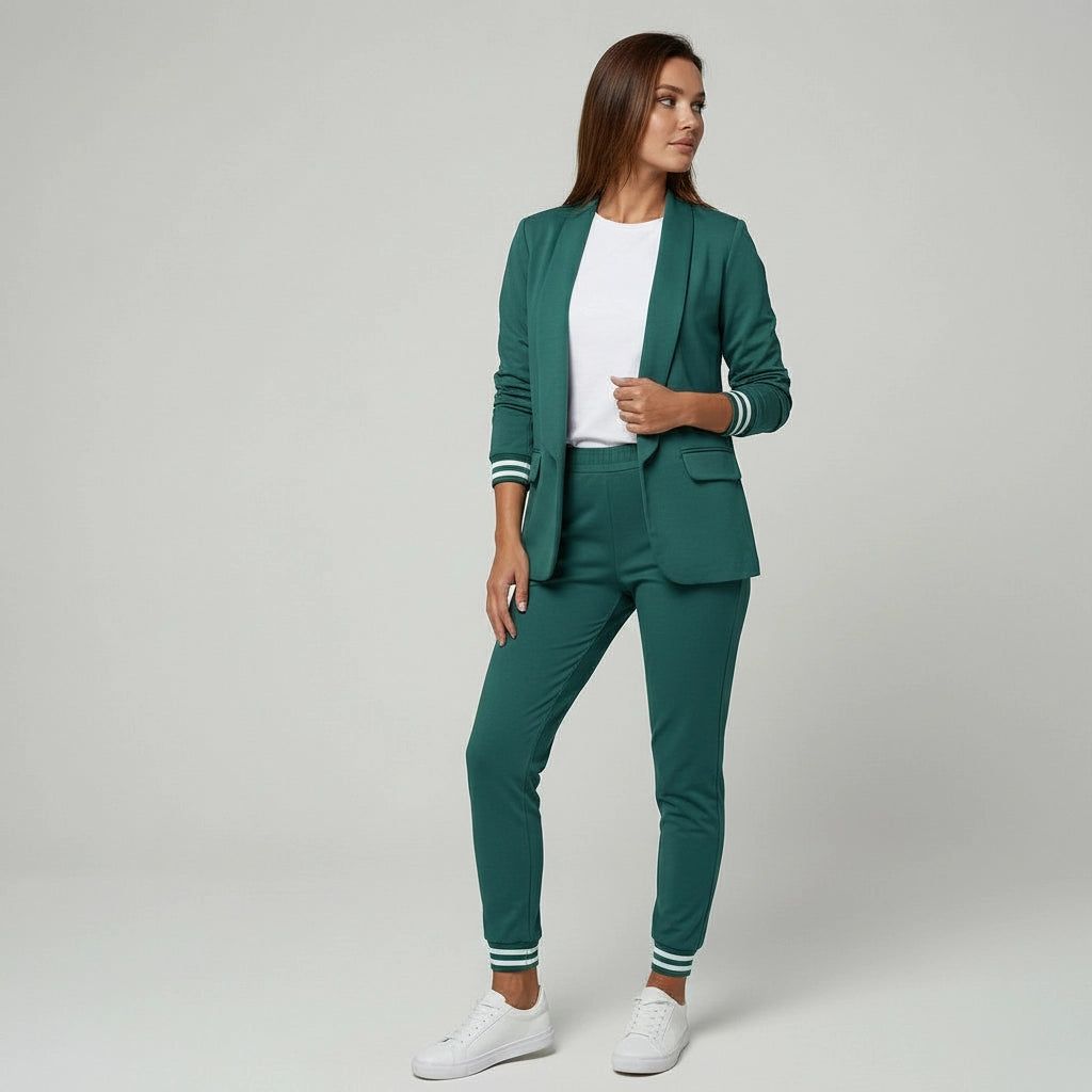 Women's Two-Piece Trouser Suit with Elastic Striped Cuffs on Blazer and Trousers in Green – 8