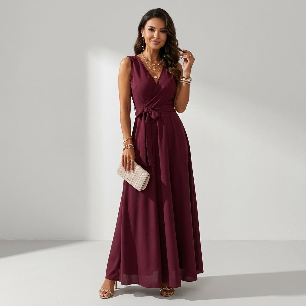 Women's Wrap Maxi Dress for Wedding Guests in Dunkelrot – 2