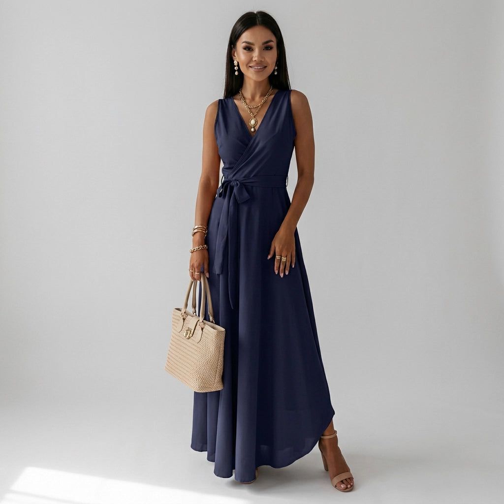 Women's Wrap Maxi Dress for Wedding Guests in Dark Blue – 3