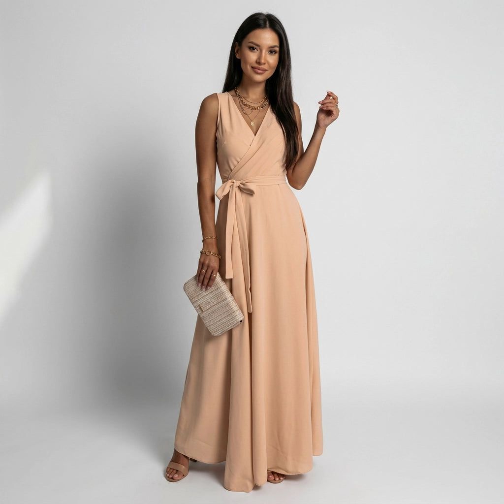 Women's Wrap Maxi Dress for Wedding Guests in Beige – 4