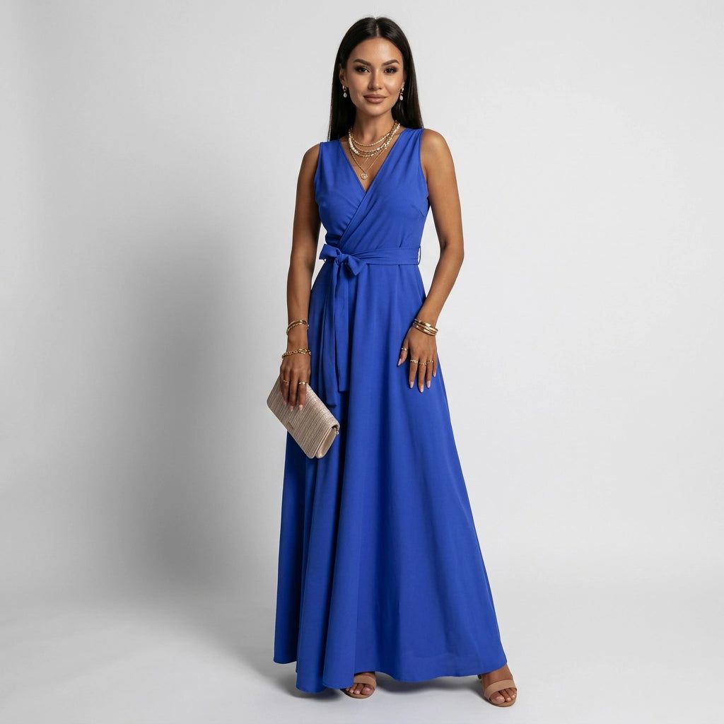 Women's Wrap Maxi Dress for Wedding Guests in Blue – 5