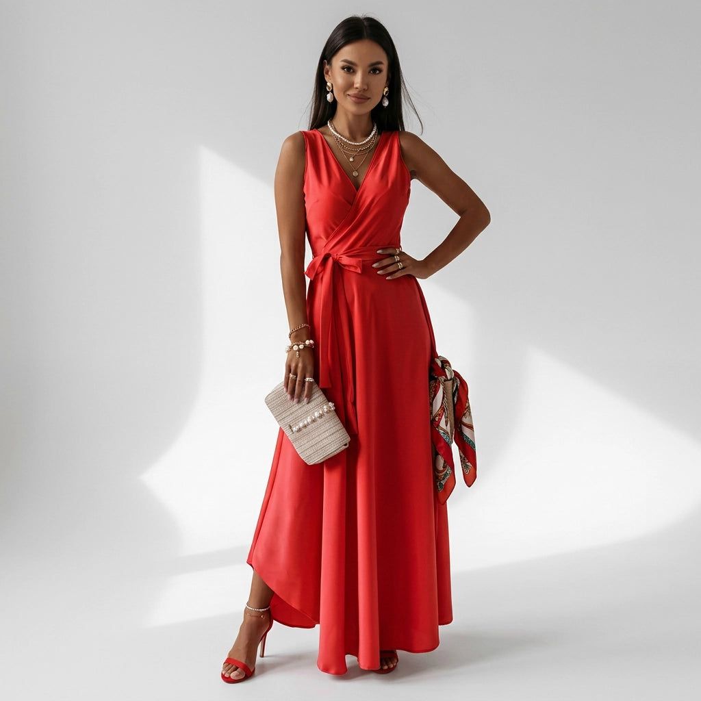 Women's Wrap Maxi Dress for Wedding Guests in Red – 6