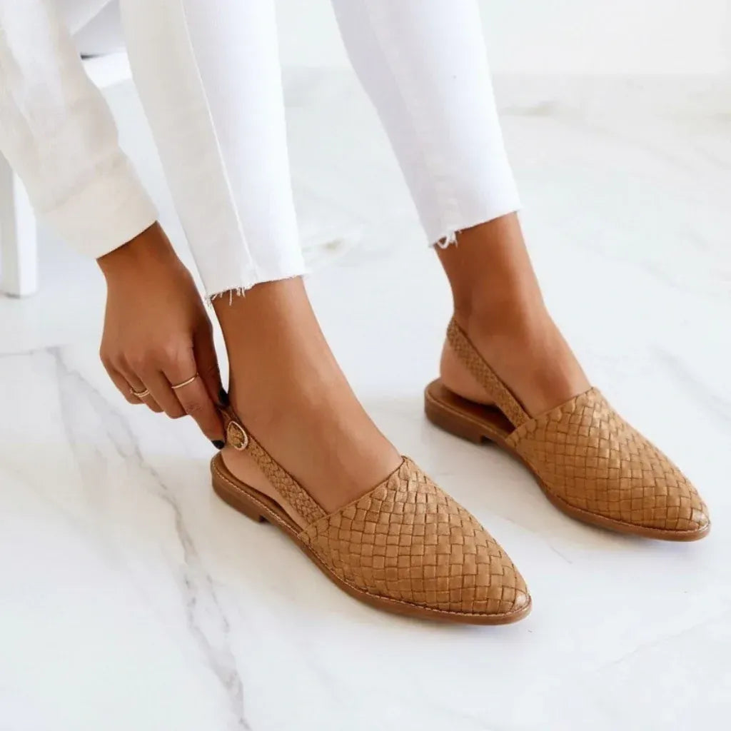 Woven Pointed Toe Slingback Flats with Strap Light Brown 2