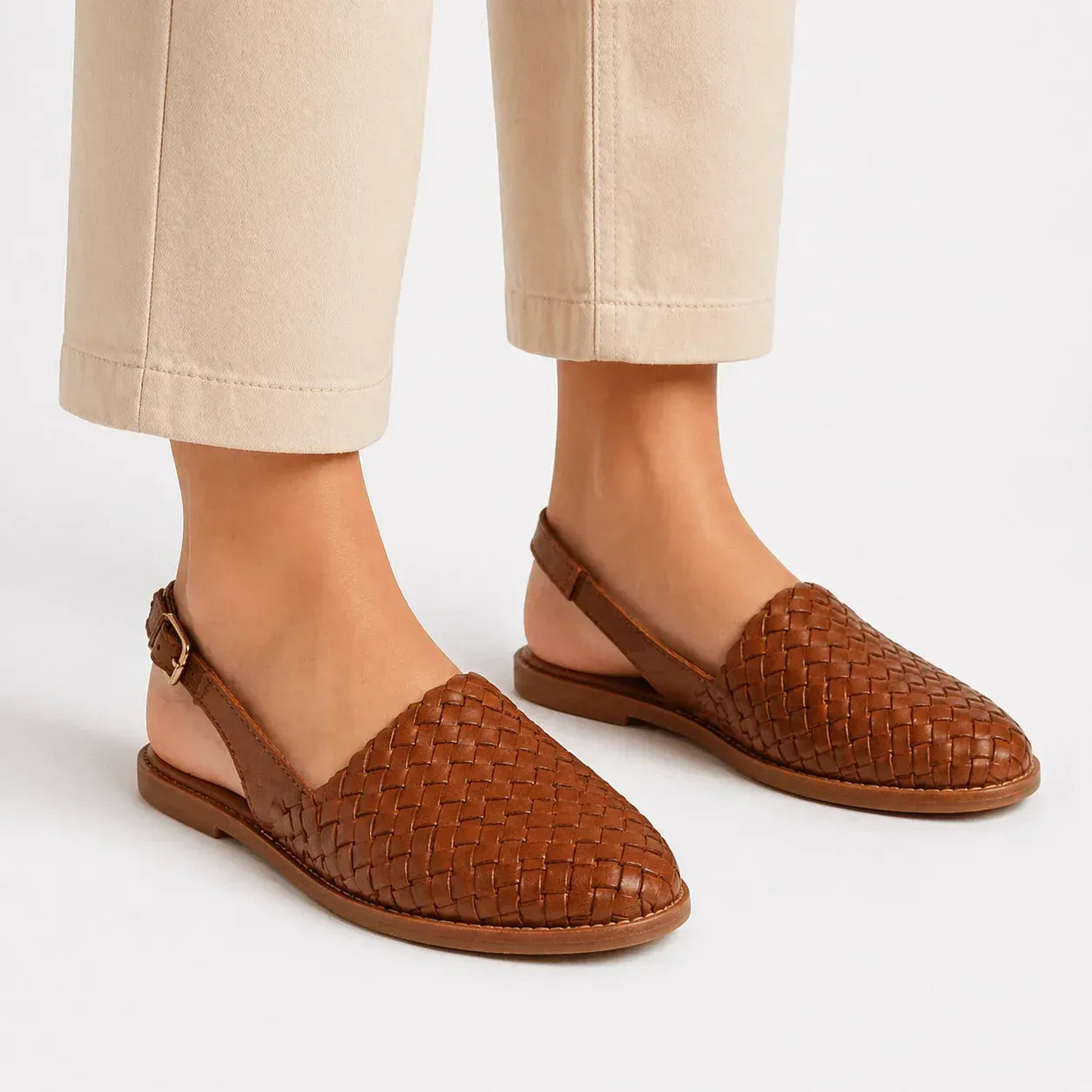 Woven Pointed Toe Slingback Flats with Strap Brown 4