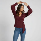 Wrap V-Neck Blouse with Puff Sleeves