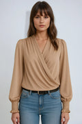 Wrap V-Neck Long Sleeve Blouse Beige 5