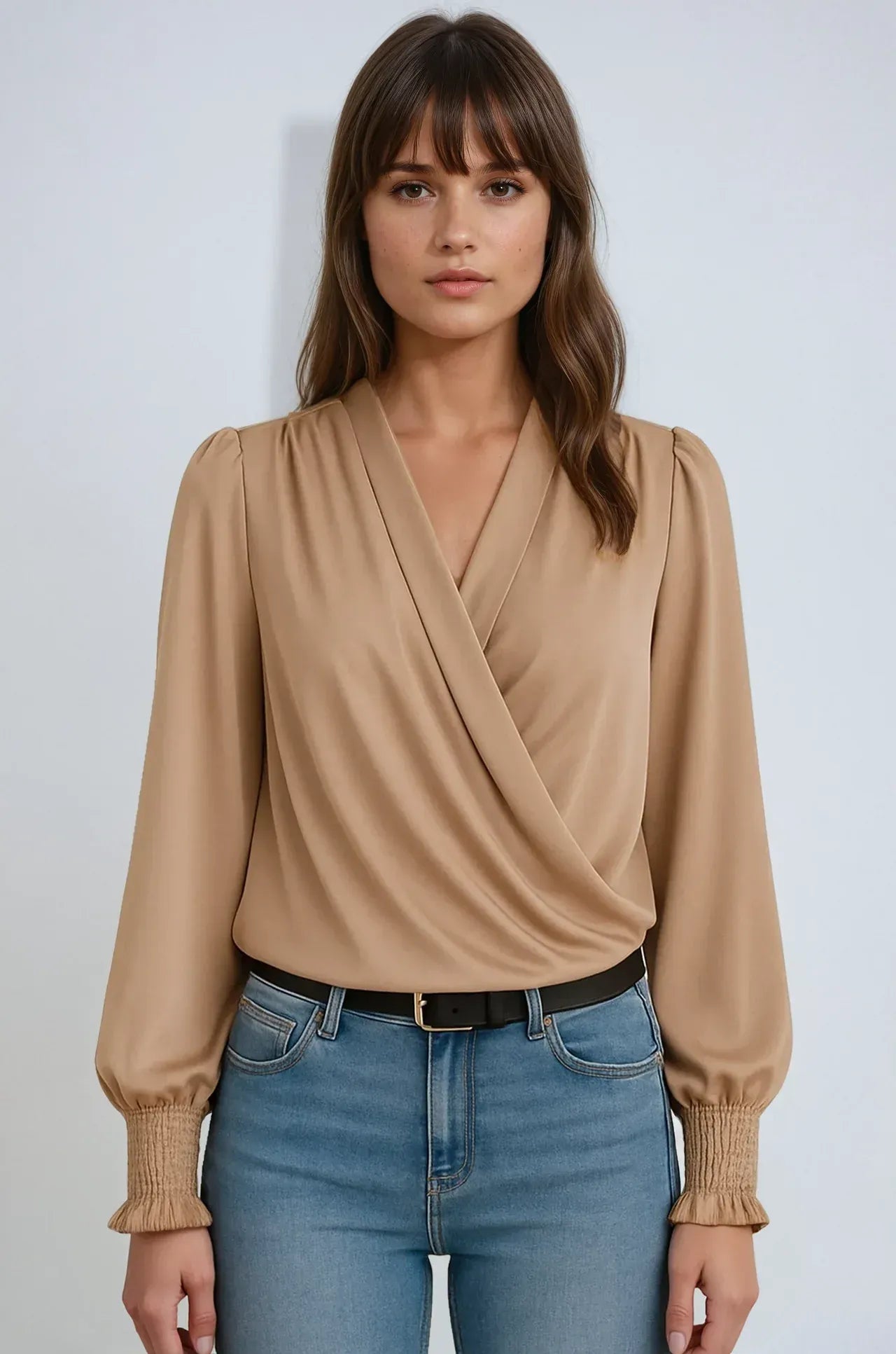 Wrap V-Neck Long Sleeve Blouse Beige 5