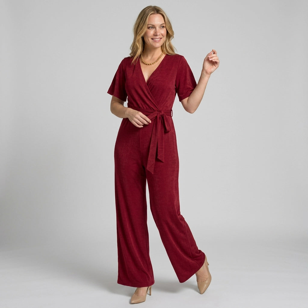 Wrap Wide Leg Jumpsuits Dark Red 2
