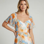 Women’s Sweetheart Neck Floral Midi Dress With Flutter Sleeves