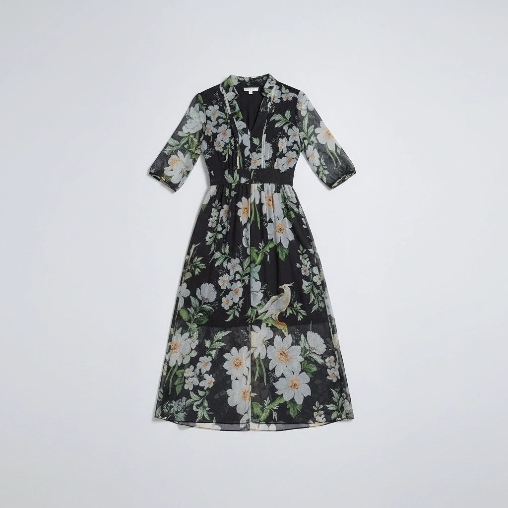 Women’s Sheer Floral Midi Dress With 3/4 Sleeves