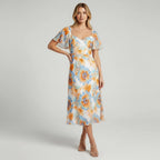 Women’s Sweetheart Neck Floral Midi Dress With Flutter Sleeves
