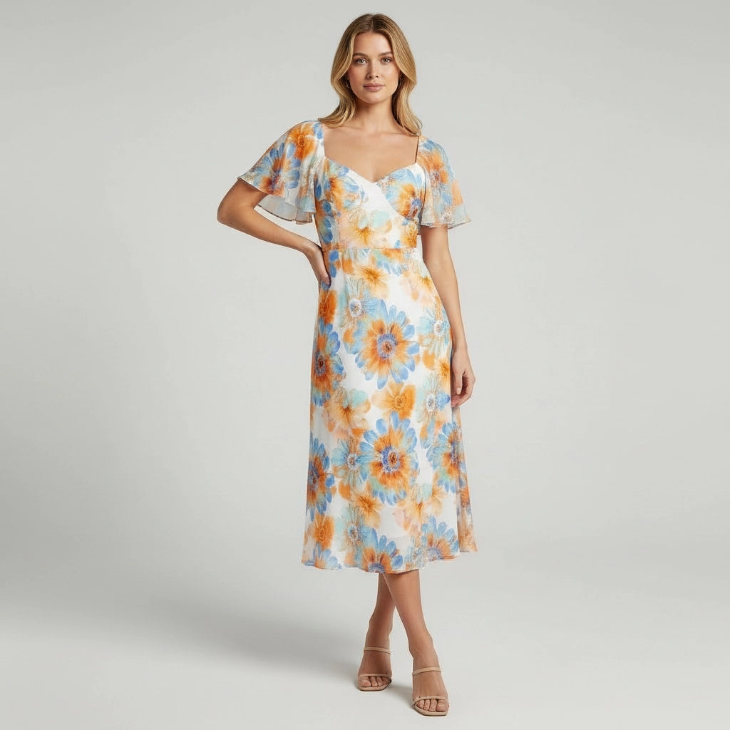 Women’s Sweetheart Neck Floral Midi Dress With Flutter Sleeves