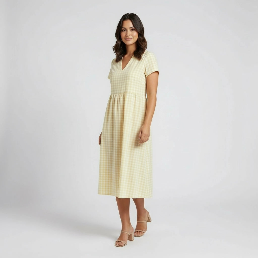 Women's V-Neck Gingham Midi Dress