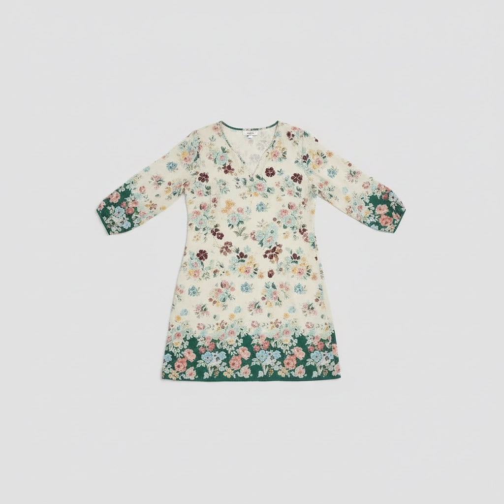 Women's V-Neck Floral Dress With 3/4 Sleeves