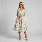 Women’s V-Neck Wrap Midi Dress with 3/4 Sleeves