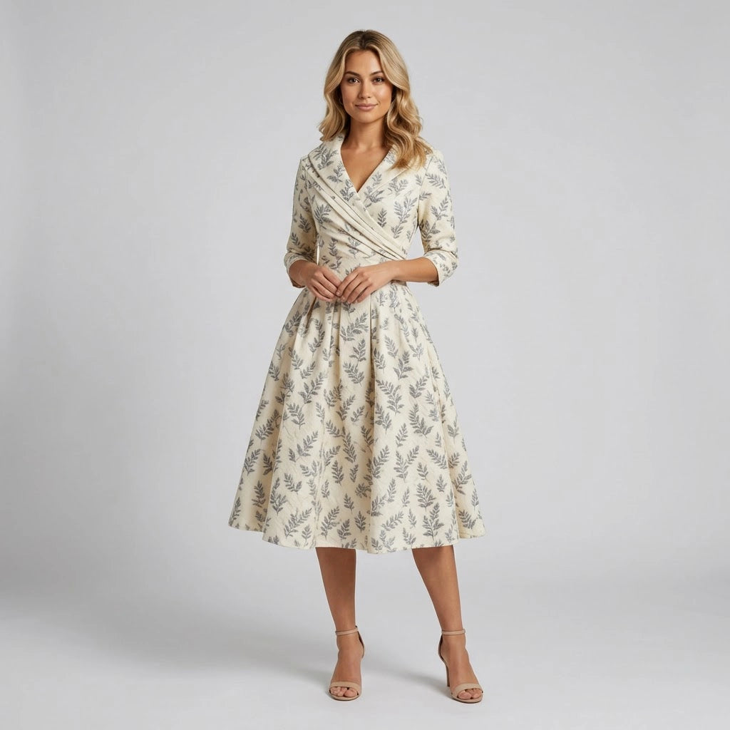 Women’s V-Neck Wrap Midi Dress with 3/4 Sleeves