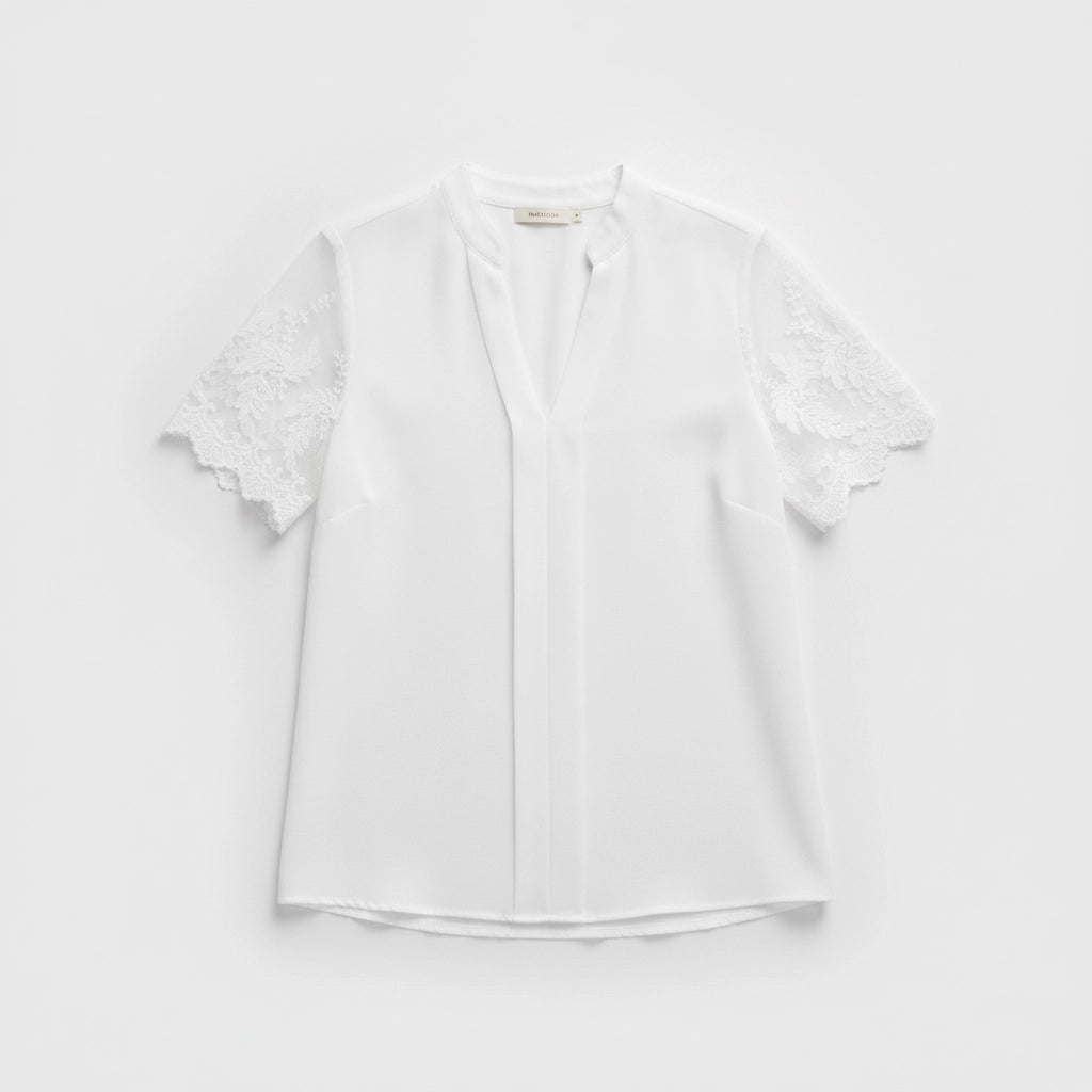 Straight Cut Blouse with Lace Sleeves