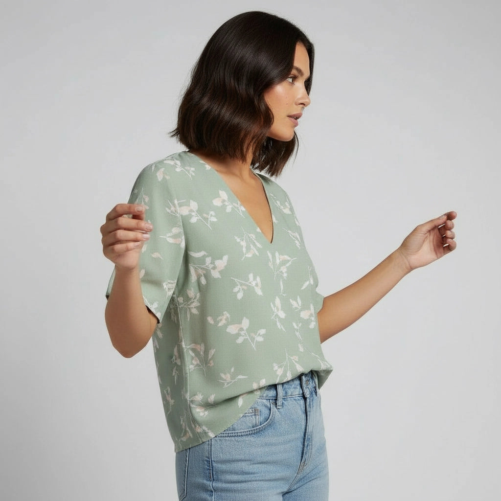 Floral V Neck Relaxed Fit Blouse